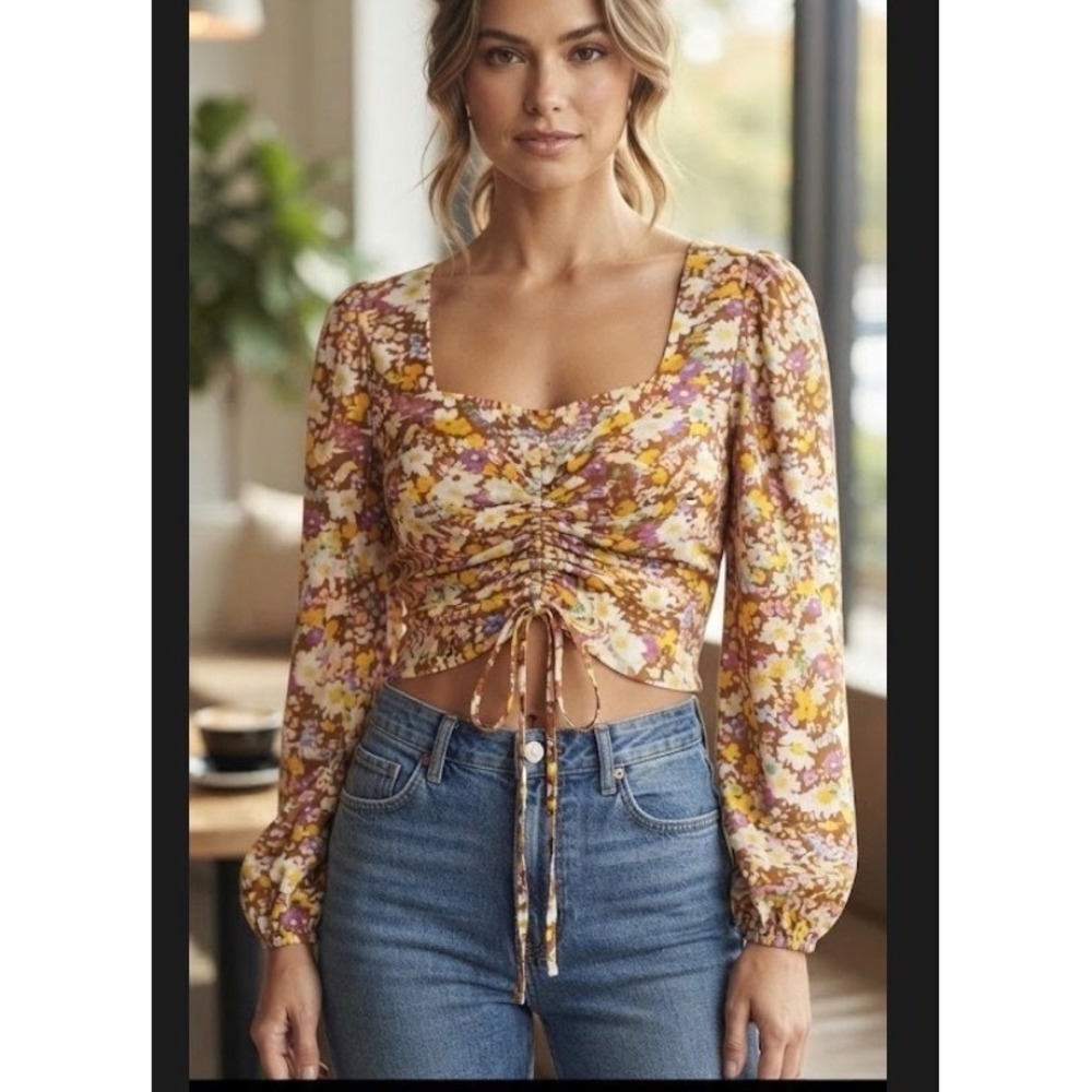 Sanctuary Women Ditsy Floral Drawstring Ruched Crop Top Brown Multi Medium